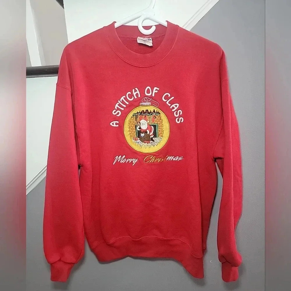Jerzees Christmas Sweater Women's L Red Santa Crewneck Sweatshirt 90's Vintage